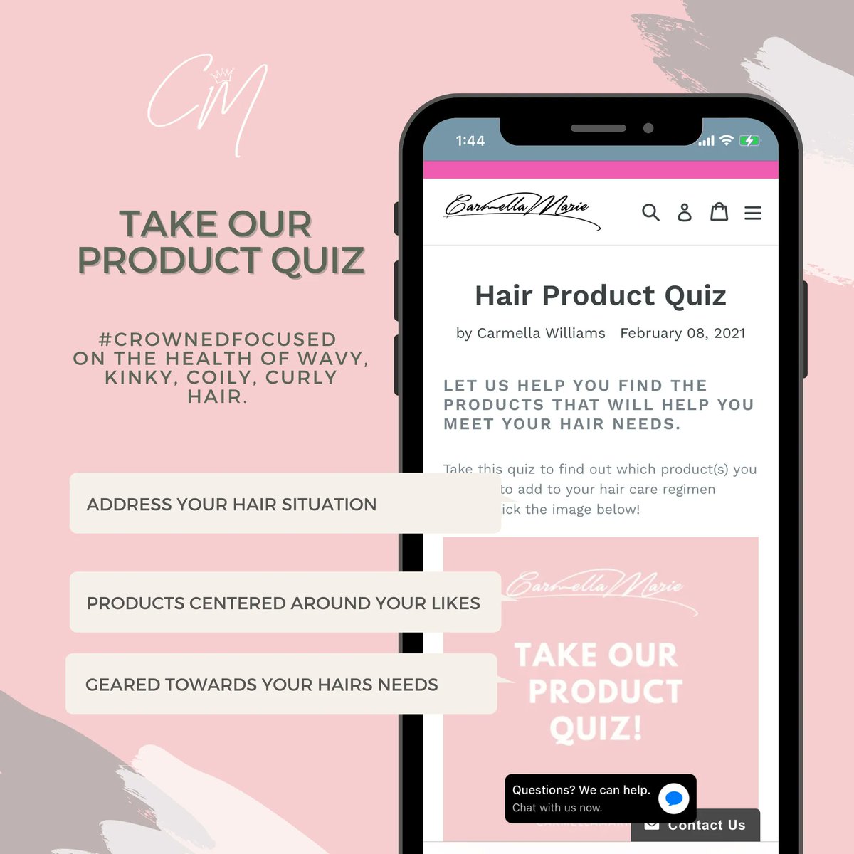 Take the guess work out of selecting the best product for your hair by taking our Product Quiz. Click link in the bio. 
#productquiz #noguessing #naturallycurly #haircare #selfcare #indiebrand #curlfriend #naturallyshesdope #carmellamarie #musthaves #2022