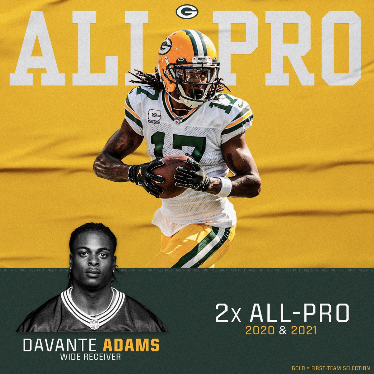 packers's tweet photo. .@tae15adams is the first #Packers receiver to make it back-to-back first-team All-Pro selections since Sterling Sharpe in 1992-93.

#GoPackGo https://t.co/8ZLqZPZMHS