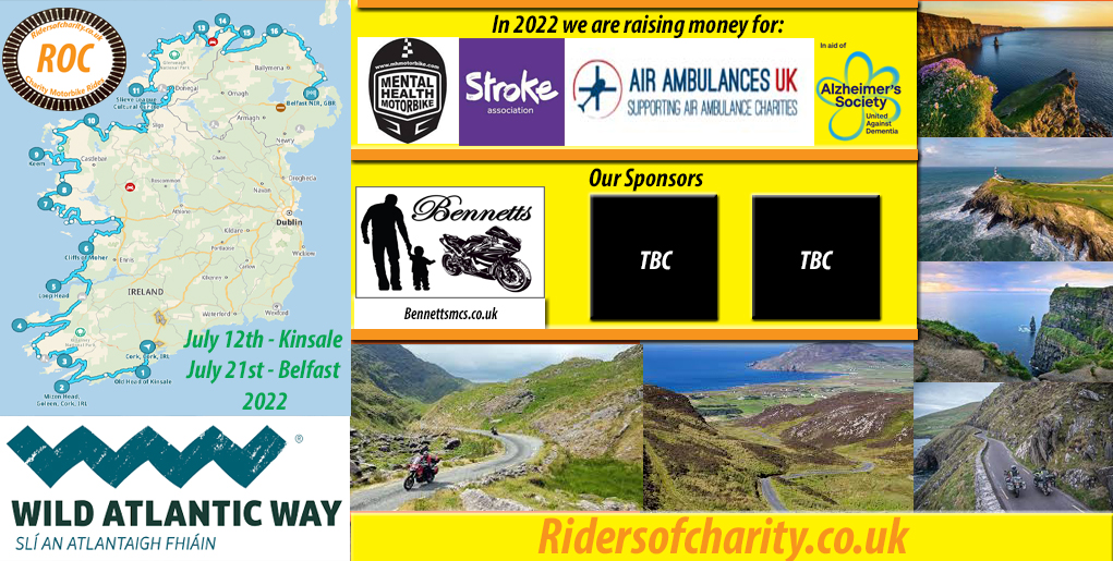 RocRiders's tweet photo. Hey @SuperbikeFactor we would love to add you as an official sponsor. In 2021 we raised £8826, in July we ride the @wildatlanticway &amp; are aiming to hit £10,000 that will be divided between @alzheimerssoc @mhmotorbike @TheStrokeAssoc @AirAmbulancesUK #WildAtlanticWay #Charity https://t.co/2tDCC6IZ92