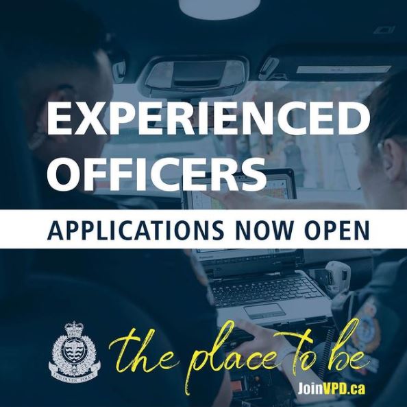AdamPalmerRCMP's tweet photo. We're doing a lot of hiring at #VPD in 2022 - new #Recruits & #ExperiencedOfficers from across Canada! Please visit https://t.co/c28o93T2DX for more information on how to become a valued member of #TeamVPD #ThePlaceToBe @VPDRecruiting @VancouverPD https://t.co/AvcCG9Ahao