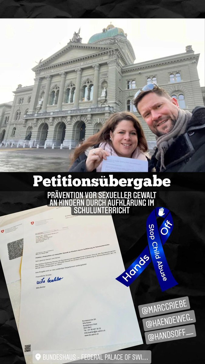handsoff___'s tweet image. ❗Petitionsübergabe❗

Heute haben wir die Petition, Prävention vor sexueller Gewalt an Kindern durch Aufklärung im Schulunterricht, im Bundeshaus Bern übergeben.
Danke für deine Unterschrift.
Wir halten dich auf dem Laufenden.🤍

Marc und Manuela