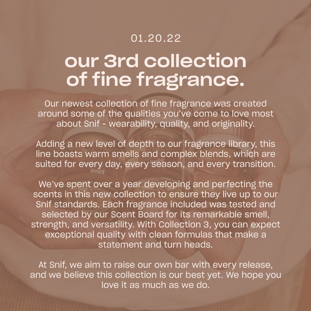 The story behind our 3rd collection of fragrance. Dropping 01.20.22. 🤍

Get early access: Snif.co/c3fragrancewai…
