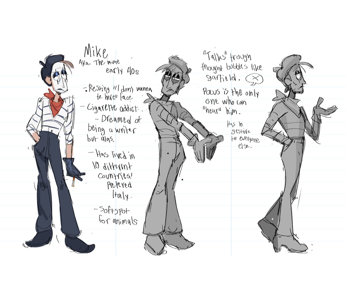 We're going to be working on comic strips for school next week so today's assignment was to make two characters to star in them. I decided to make a clown and a mime duo working at a circus! (Heavily based on some characters I made for an illustration last year.) 