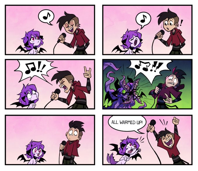 Happy Far-Fetched Friday, folks! Here's our second comic, drawn by @KiruKrono! Griff does his vocal warm-up with Kira.

Thanks to your support of our Patreon, we'll be able to start releasing comics more often going forward! #FarFetchedShow 