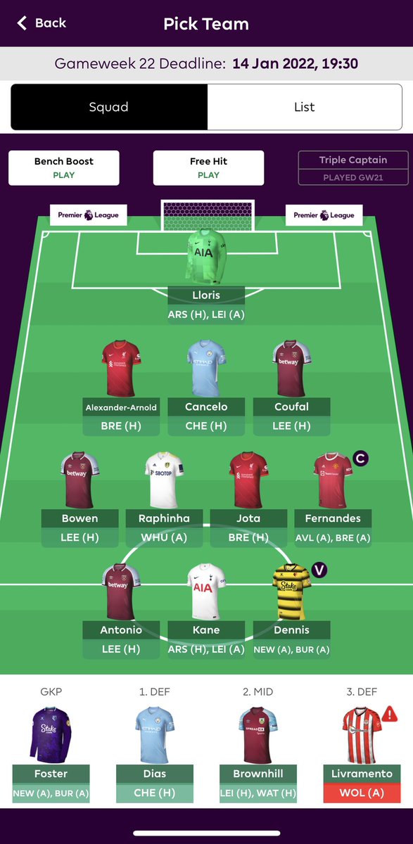 GW22:

Son ➡️ Fernandes(C)
OR: 26K 🌎

Few exciting alternatives this round due to the postponements and Spurs-Arsenal likely to be postponed. 

Please stay quiet this round Ronaldo and don’t risk your groin 🤞