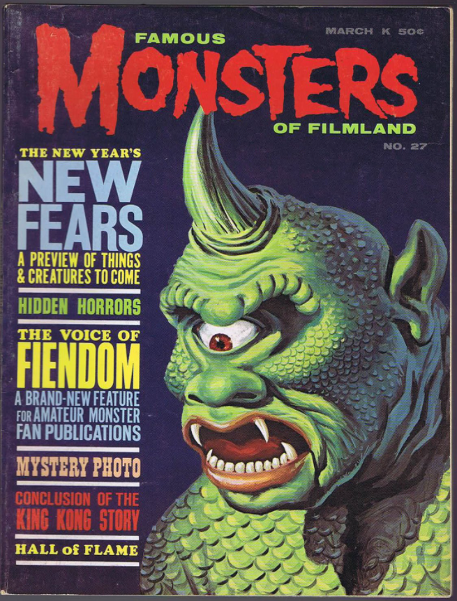 AlexVorkov's tweet photo. Here's an oldie for #FamousMonstersFriday. Issue 27, published January 1964. Also suitable for #CyclopsSaturday. 

#monsters #MonsterMagazines #FamousMonsters https://t.co/jadFhfg0gD