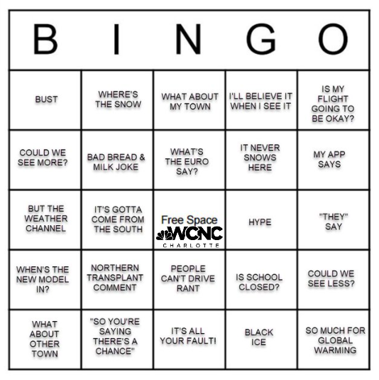 wxbrad's tweet photo. 🧊❄️Get your winter storm bingo cards ready for the weekend. While also preparing for significant ice and just not snow. #cltwx #ncwx #scw #wcnc https://t.co/oS81oMlqn5