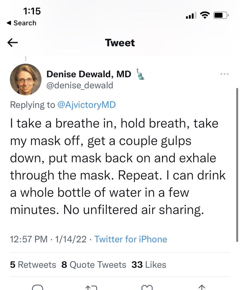 NahasNewman's tweet photo. Sorry, but you do realize your nose is UNCOVERED while taking gulps?
Plus, some respiratory emissions (via one or more orifices) are inevitable even during strong breath-holding.
So just keep the damn mask on. Period. If youโre thirsty, thatโs what IV fluid is for. https://t.co/uwgTJ2O8Ho