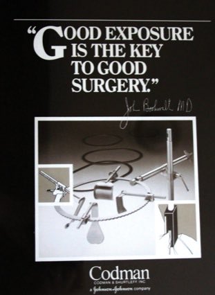 The Bookwalter retractor was invented by American surgeon John Bookwalter, who was inspired late one night in 1964, when he fell asleep holding a retractor in the OR. Patented in 1979, it was advertised with the line “good exposure is the key to good surgery”.