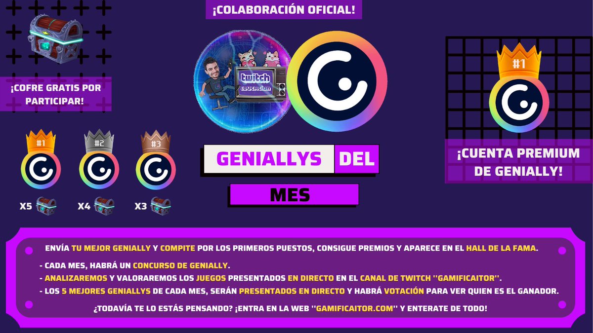 GamificAitor's tweet photo. ¿Todavía no os enterasteis de la gran noticia?😍 ¡Comenzamos un concurso mensual con el apoyo oficial de @genially_es podéis participar desde ya mismo enviando vuestros mejores Geniallys a través del formulario de la web! https://t.co/fUnVsUi1Kx https://t.co/S2UHB0ucnn
