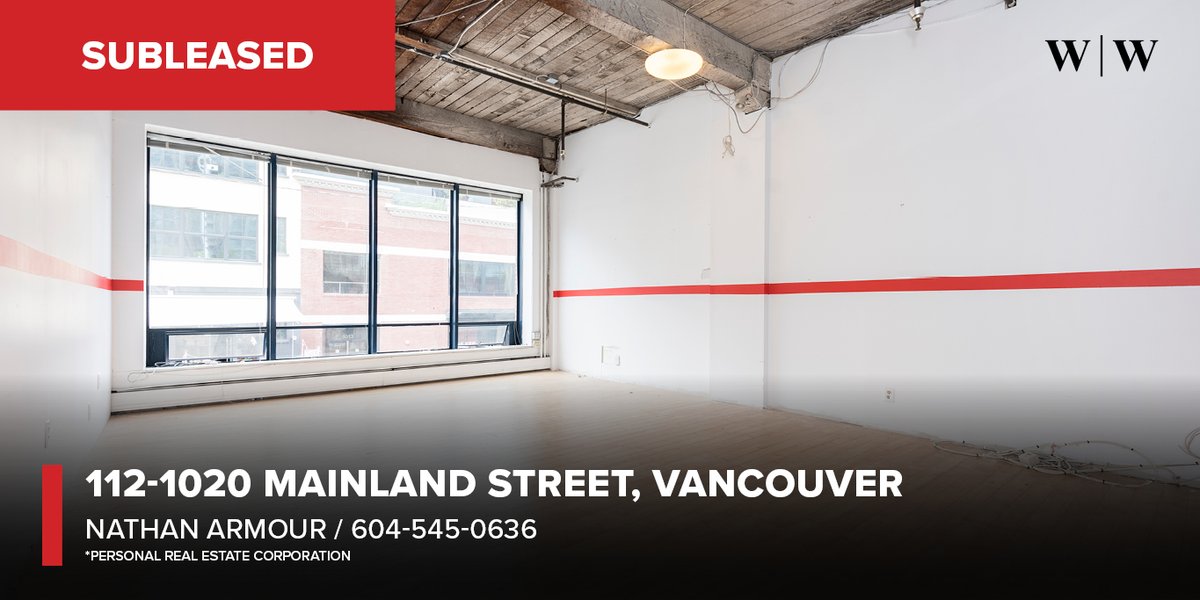 wwcommercial's tweet photo. ✔ #Subleased: 112-1020 Mainland St, #Vancouver

Gross Rent: $2,200/month
Size: ± 500 SQFT
Type: Office
Agents: Nathan Armour Personal Real Estate Corporation

Subscribe to the #WilliamWrightCommercial newsletter at https://t.co/U1D6dXu2D7 for listings, news, and updates. #YVRRE https://t.co/ehnXxZtSHR
