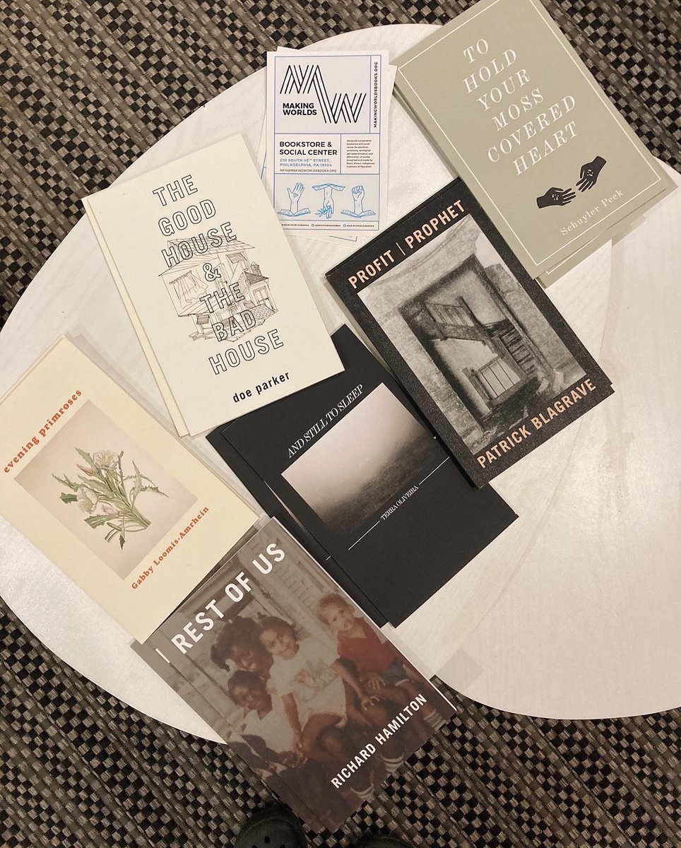 recenterpress's tweet photo. Super thrilled that all of the Recenter Press books are now available at @MakingWorldsBks, an abolitionist bookstore &amp; social center in West Philly. Stop by 210 S 45th St Thurs-Sun from 12-6 to get a copy of our books, @CommonNotions books, and a ton of great literature ✊📚🚩 https://t.co/zmD5BFMxEg