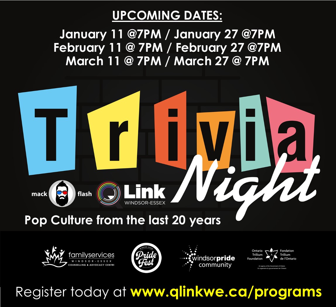 Don't forget to register for tonight's free Qlink TRIVIA Night for a chance to win prizes at qlinkwe.ca/programs.

Qlink Windsor-Essex:  Windsor Pride Community, WE Pride Fest and Family Services Windsor-Essex.

facebook.com/events/8782362…

#wepridefest #windsorpride #qlinkwe