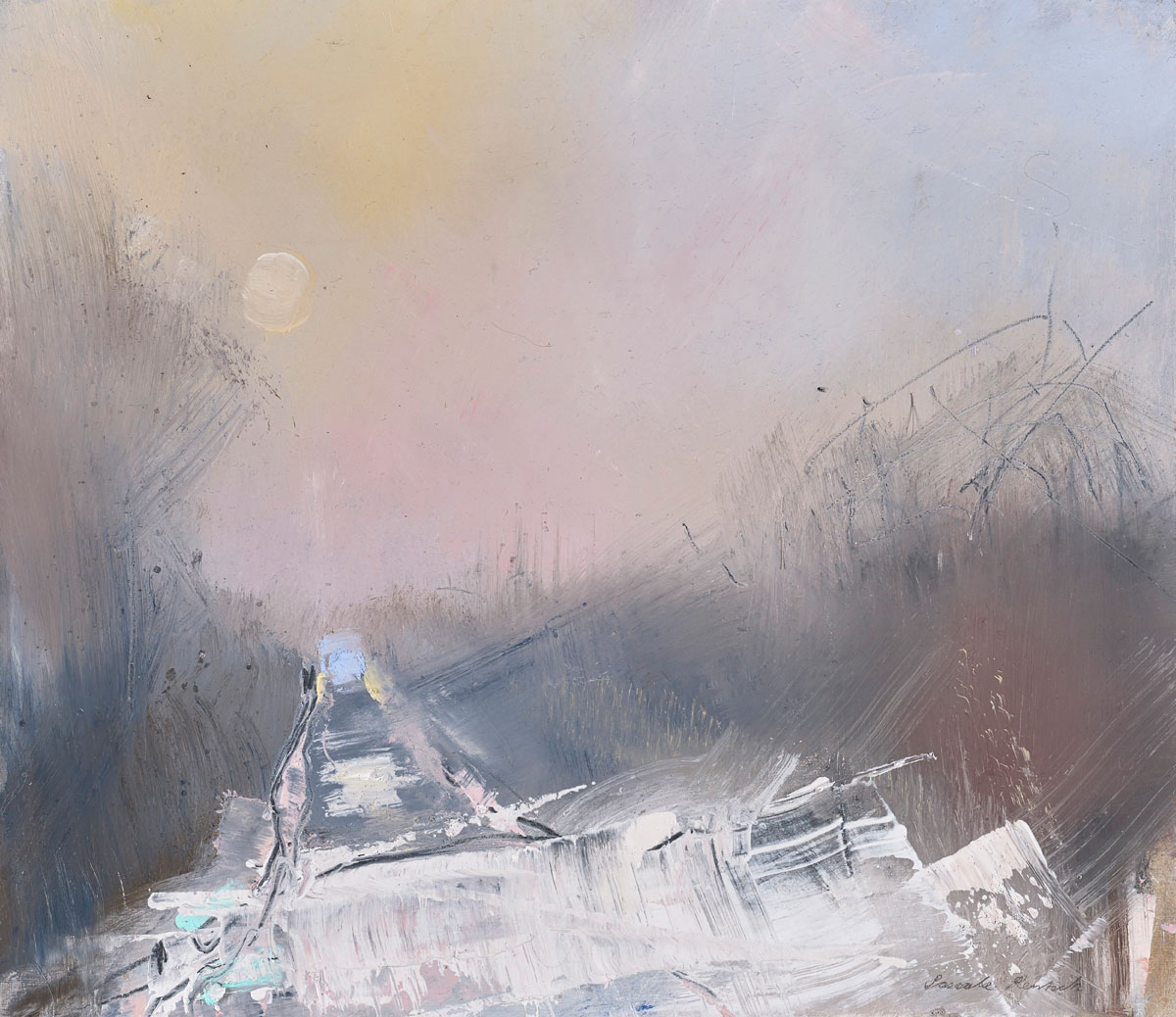 TolquhonGallery's tweet photo. The Silence of Mist Across the Snowy Path — mixed media by Pascale Rentsch. The title says it all. Some may consider thick mist dreich but to others it's imagical. #enpleinair #winter #winterday #wintermist https://t.co/X7h1U22buC
