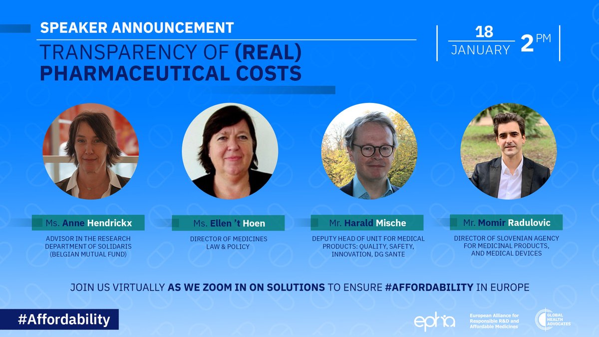 Join us next Tuesday 18 January at 14:00 CET to discuss how to advance #transparency of real #pharmaceutical costs

A complex but very timely debate and we have an amazing lineup of speakers! 

Register here: bit.ly/34S0G5T