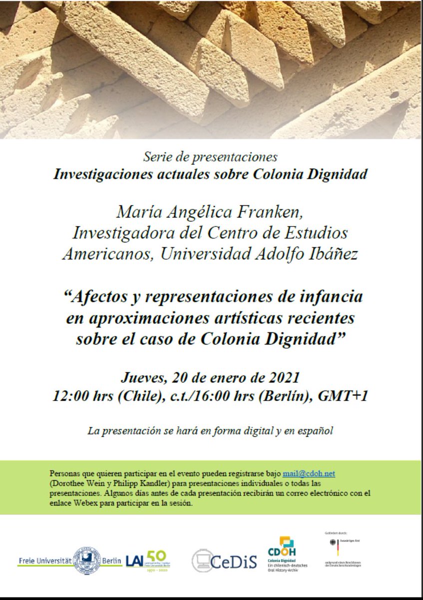 María Angélica Franken, investigadora del Centro de Estudios Americanos de la Universidad Adolfo Ibáñez, ofrece un seminario internacional sobre las representaciones de la infancia de Colonia Dignidad El jueves 20 de enero a las 12:00 (Chile). Inscripciones: mail@cdoh.net