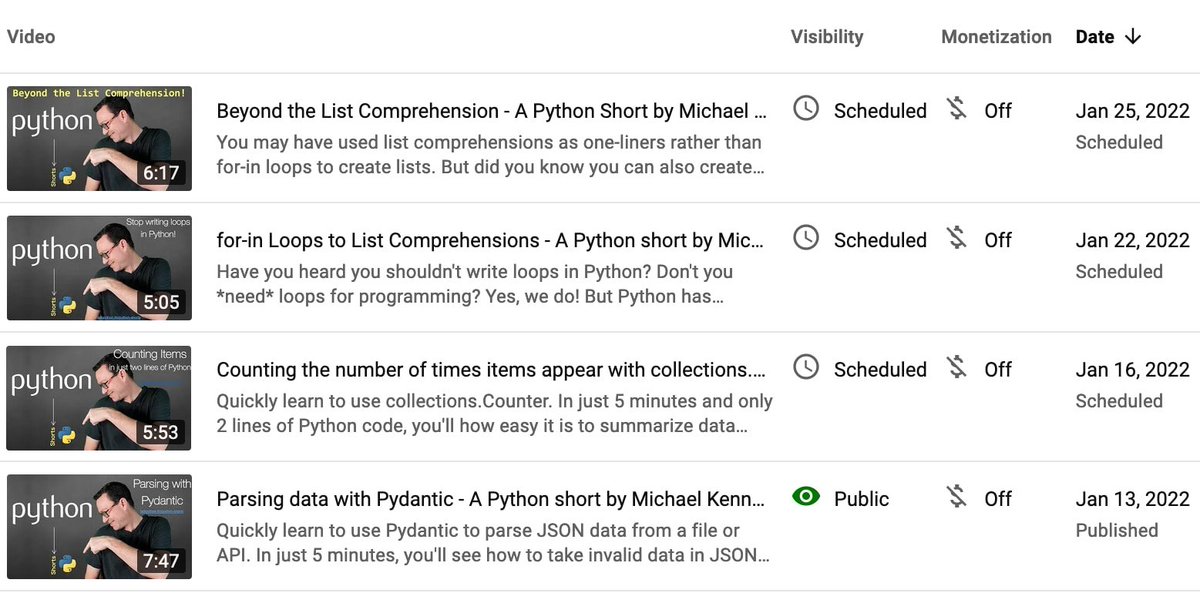mkennedy's tweet image. Amazing to see all the excitement around my new #PythonShorts video project. Here's the schedule for the next few weeks.
