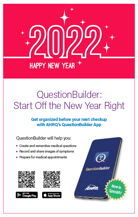 AHRQGov's tweet photo. No better time to download AHRQ's free #QuestionBuilder app in Spanish! Prepare & organize questions for medical appointments; access resources & up-to-date @HHSGov information on #COVID19 + nearest vaccination sites https://t.co/wLYSRwMjOO https://t.co/08pAVFpYLW