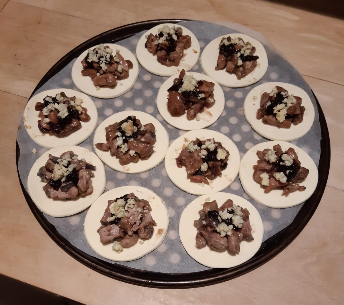 TrooperSnooks's tweet photo. My wife has been busy making these smoked pheasant, Suffolk Blue and onion marmalade delights for the #FleaBarn shoot day tomorrow. As Suffolk as St Edmund. #EatSuffolk https://t.co/XUaCDr7RjP