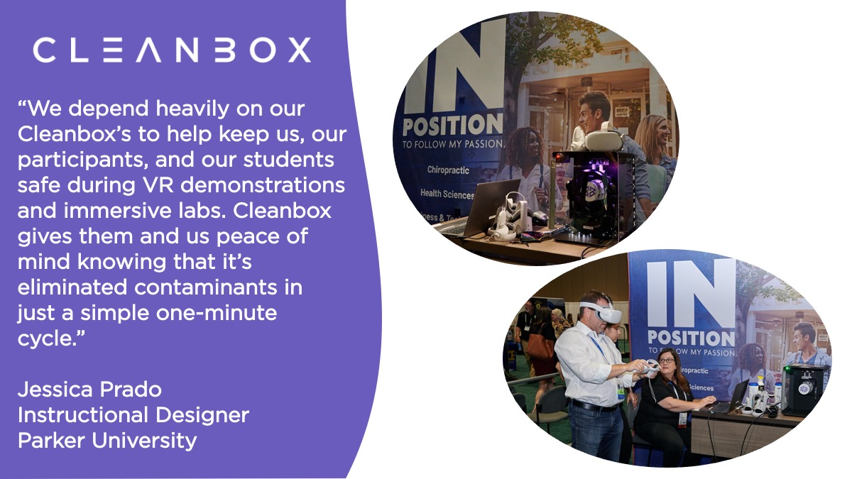 cleanboxtech's tweet photo. Thank you @jmanzanoprado for your kind words! We're so glad we can help give your students and participants peace of mind during your #VR demo's. @ParkerUniv #CleanShareRepeat #CleanboxClean #SmartTechHygiene #VirtualReality #XR https://t.co/M1utlaWj7h