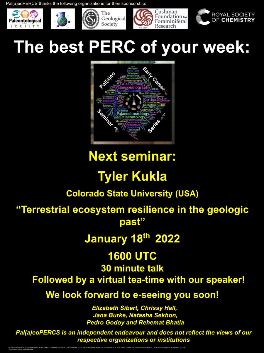 PalaeoPERCS (@palaeopercs) on Twitter photo Our very first seminar of 2022 is coming up next week! Join us to kick off the new year pal(a)eo-style with Tyler Kukla (<a href="/EarthTKukla/">Tyler Kukla</a>) of Colorado State University, who will be giving a talk entitled, "Terrestrial ecosystem resilience in the geologic past" at 1600 UTC on Tuesday! Our very first seminar of 2022 is coming up next week! Join us to kick off the new year pal(a)eo-style with Tyler Kukla (<a href="/EarthTKukla/">Tyler Kukla</a>) of Colorado State University, who will be giving a talk entitled, "Terrestrial ecosystem resilience in the geologic past" at 1600 UTC on Tuesday!