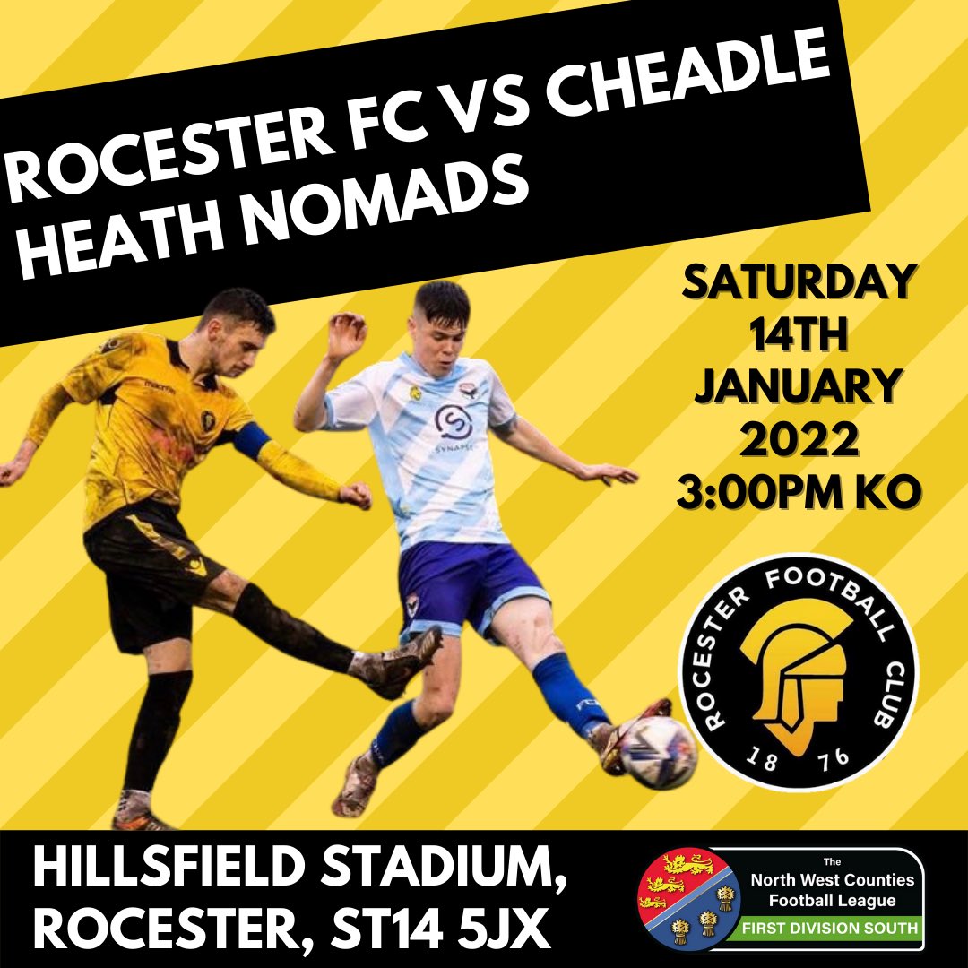 🆚 Cheadle Heath Nomads
⏱ 3:00PM
🏆 <a href="/nwcfl/">The NWCFL ⚽️</a>
🏟 Hillsfield Stadium, Rocester

Everyone who attends the game will receive a free ticket for the game at home against St Martins on Jan 29th!
