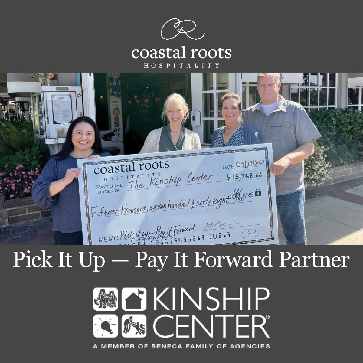 We are excited to announce that Kinship Center has once again been selected as a recipient of Coastal Roots Hospitality’s #PickitUpPayitForward campaign. During March and April, 10% of all take-out order sales at #Tarpys and #RioGrill will be donated to Kinship Center! #kinship