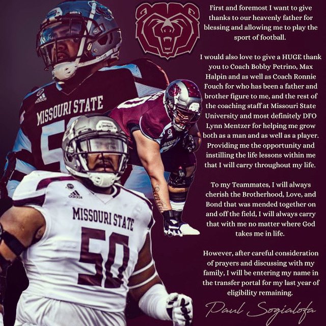 Thank You Missouri State🙏🏽 Officially in the transfer portal.