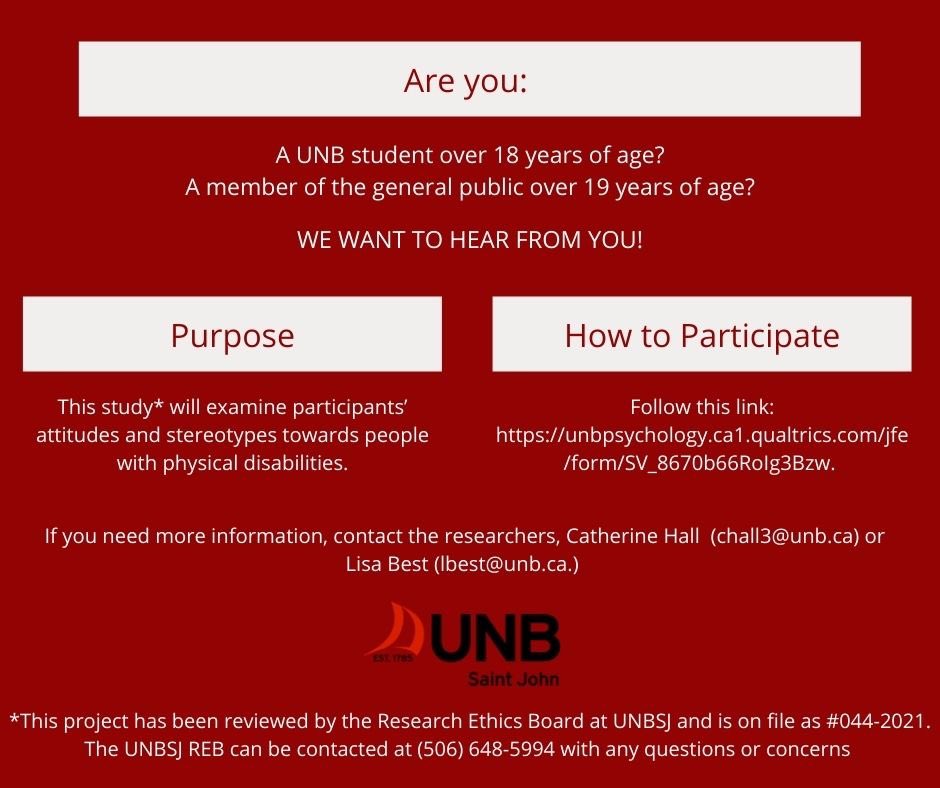 UNBSJPsych's tweet photo. One of our Masters students, Cassie Hall, is currently seeking participants for a study examining the attitudes and stereotypes associated with disabled people/people with disabilities. 

Complete the survey here: https://t.co/F0SaEiWev4 https://t.co/3DwWvLgbVE