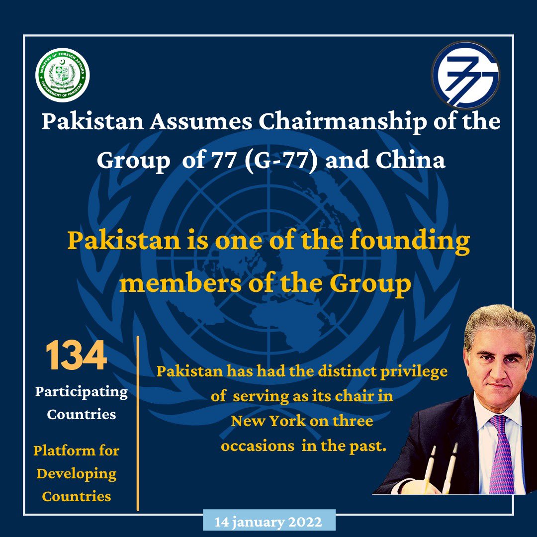 📣: Pakistan 🇵🇰 assumed chairmanship of the Group of 77 and China (G-77) for the year 2022. 

📌 FM <a href="/SMQureshiPTI/">Shah Mahmood Qureshi</a> presided over the proceedings of the opening segment of the handover ceremony held in a virtual format today. 

🔗: mofa.gov.pk/pakistan-assum…