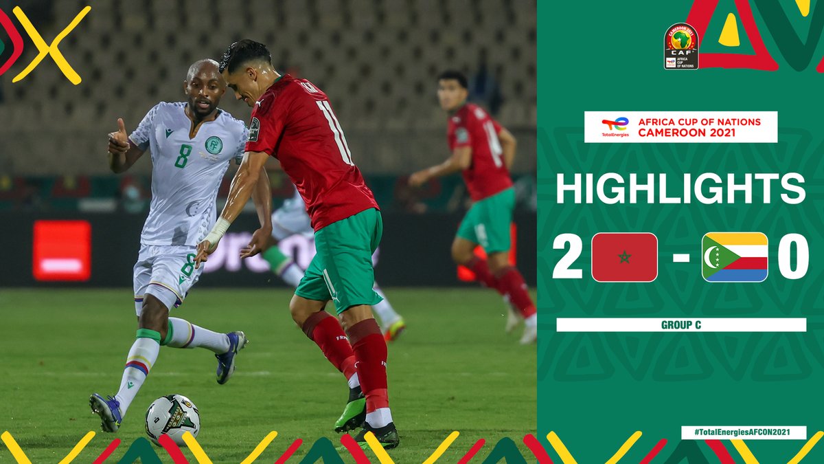 𝐇𝐈𝐆𝐇𝐋𝐈𝐆𝐇𝐓𝐒: 🇲🇦 2-0 🇰🇲#TeamMorocco ease past #TeamComoros with a convincing 2-0 victory, thanks to Amallah & Aboukhlal's goals. 🔝#TotalEnergiesAFCON2021 | #AFCON2021 | #MARCOM | @Football2Gether