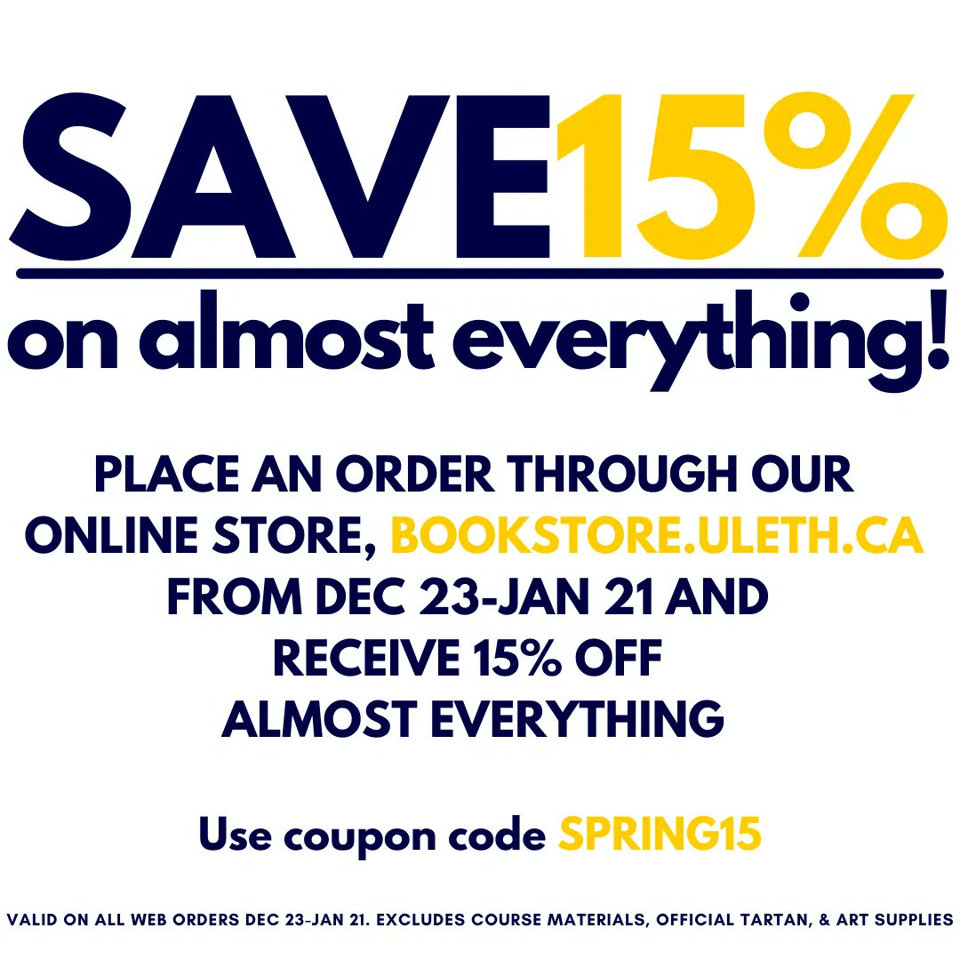 ULethBookstore's tweet image. Save 15% on almost everything! #uleth #ulethbridge #spring15
