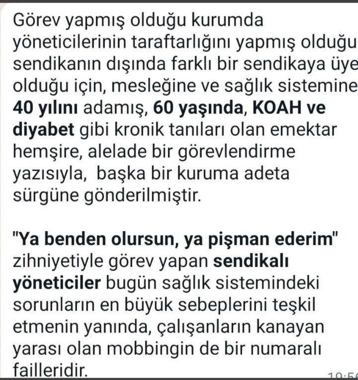 Liyakatsiz yöneticinin mobbingi ile 40 yıl emek veren hemşire sürgün edilmiş. #40YıllıkEmeğeSürgün