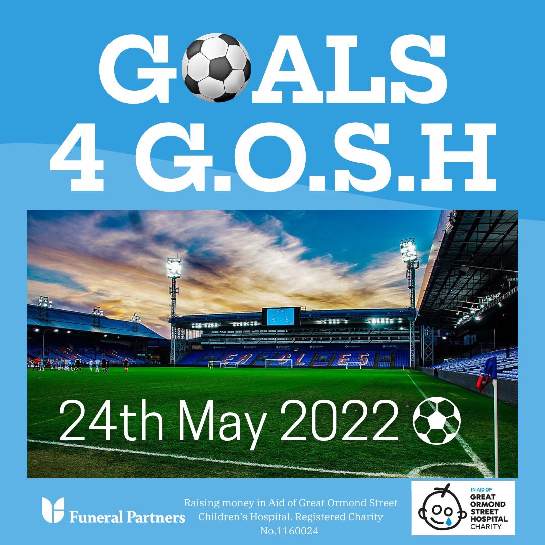 The date you’ve all been waiting for “24th of May 2022”…we will see you there ⚽️ 

Further details coming soon. 

#goals4gosh #celebrity #exclusive #selhurstpark #premierleagueground #may2022 #greatormondstreet #GOSHcharity #greatormondstreetchildrenscharity