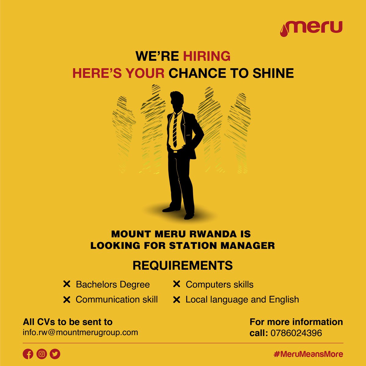 MountMeruRw's tweet photo. WE ARE HIRING NOW; join us!

Open positions:

1. STATION MANAGER 
2. PUMP ATTENDANT

Send your resume to: info.rw@mountmerugroup.com
For more information call: 0786024396

#HiringNow #HIRINGNOW #MeruMeansMore https://t.co/iXTmcSbJV4
