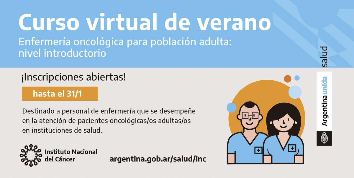Se encuentra abierta la inscripción a este curso de verano con el objetivo de capacitar en oncología al personal de #enfermería, mediante el desarrollo de conocimientos teóricos y prácticos sobre la enfermedad, el tratamiento y sus complicaciones.

+ info: bit.ly/Enfermeria_Onc…