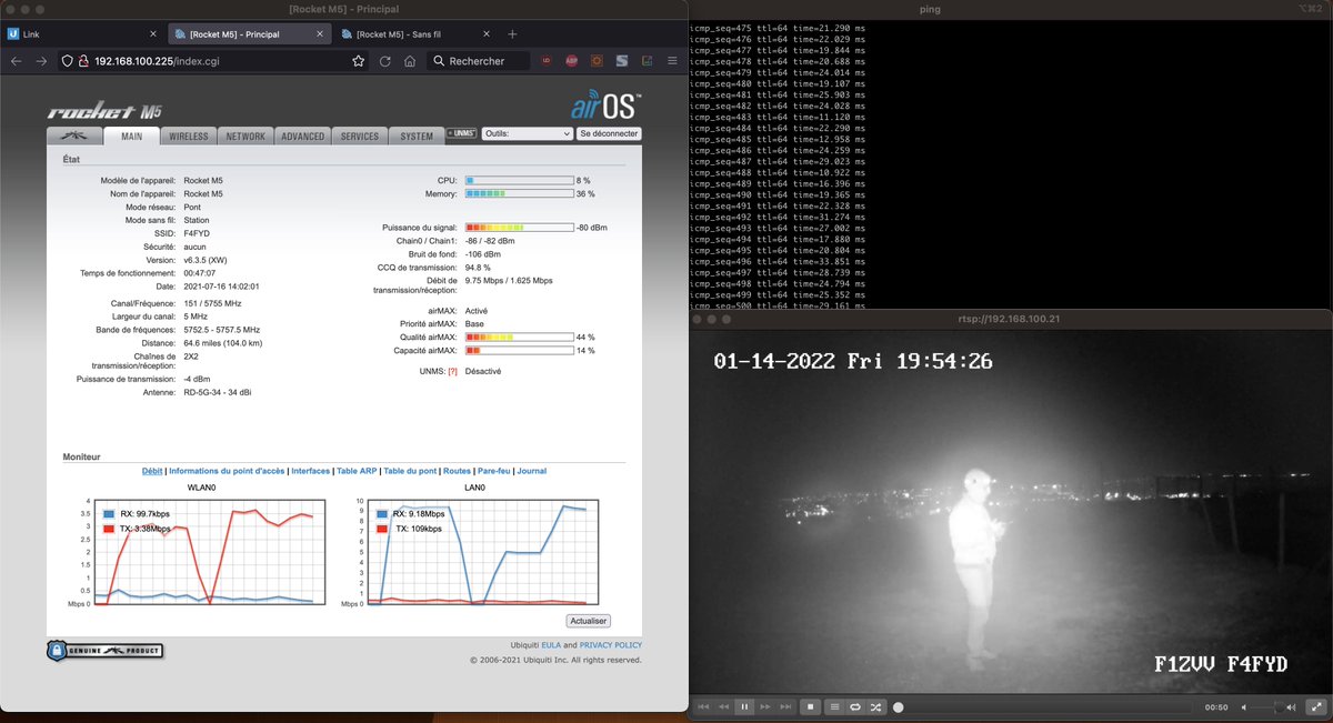 Liaisons #HAMNET 5GHz de 100Km pile-poil avec 1 watt de P.A.R, altitude maximum 200m sur les 2 points (urbain) monté à 10Mbps et -80dBm ! (#F4FYD)