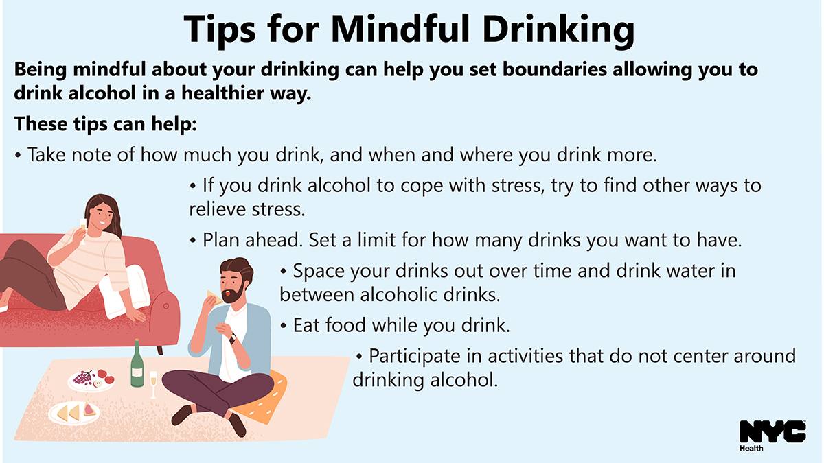 Illustration of a couple having a picnic at home. Text reads: Tips for Mindful Drinking: Being mindful about your drinking can help you set boundaries allowing you to drink alcohol in a healthier way. These tips can help: Take note of how much you drink, and when and where you drink more. If you drink alcohol to cope with stress, try to find other ways to relieve stress. Plan ahead. Space drinks out over time. 