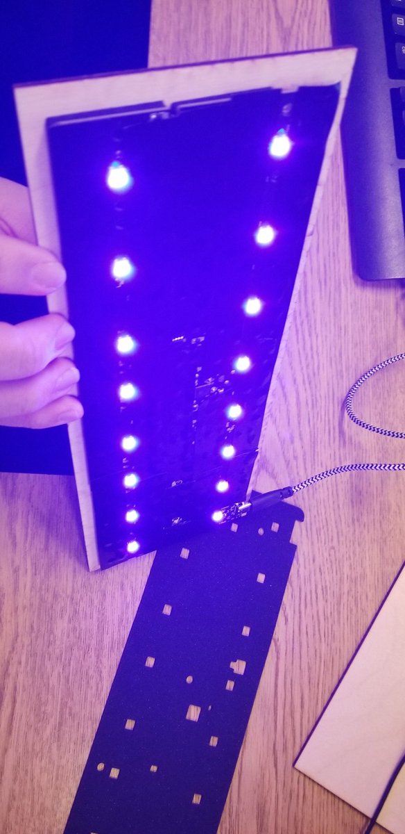 westvantech's tweet photo. LOVE this. Student built keyboard. Laser cut base, fancy LED lighting (waiting on some acrylic to complete the enclosure). Student had to assemble and map all keys, works great, sounds great and tactile feel even better. #edtech #MakerSpace @WestVanSchools https://t.co/WM4kVE2Py0