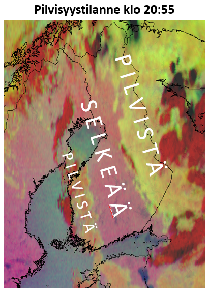 meteorologit's tweet photo. Taivaalla voi näkyä tänä iltana #revontulia! Havaintopaikaksi kannattaa valita pimeä ja aukea paikka ja katse kannattaa suunnata pohjoiseen. Oheisessa kuvassa näkyy juuri äsken havaittu pilvisyystilanne. https://t.co/msdhPniVfq