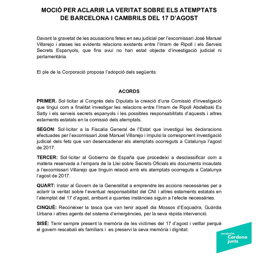 JuntsCardona's tweet photo. 🏛Demanem que l’ @ajtcardona  s'impliqui en aclarir la veritat sobre els atemptats de Barcelona i Cambrils del 17 d'agost. Per aquest motiu hem penjat una instància amb les peticions que considerem l’equip de govern hauria de dur a terme.
#construïmcardonajunts https://t.co/r2dmDb3evI