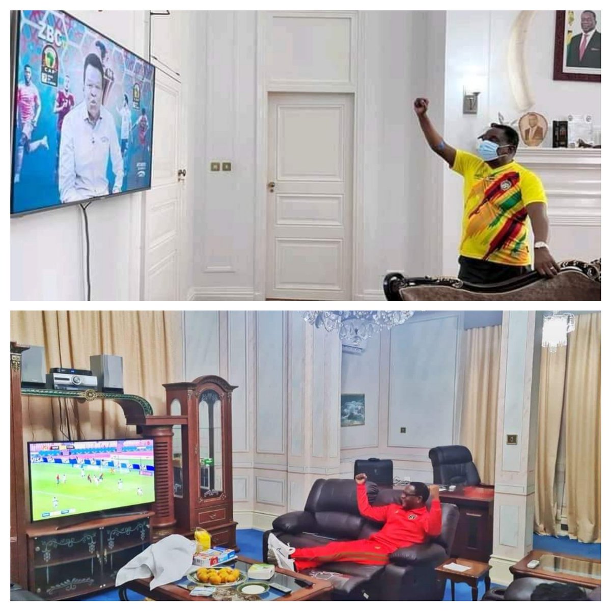 MikoziNetwork's tweet photo. Zimbabwe President @edmnangagwa during first half vs Malawi President  @LAZARUSCHAKWERA after the game ended. https://t.co/gMiL8ZYYbt