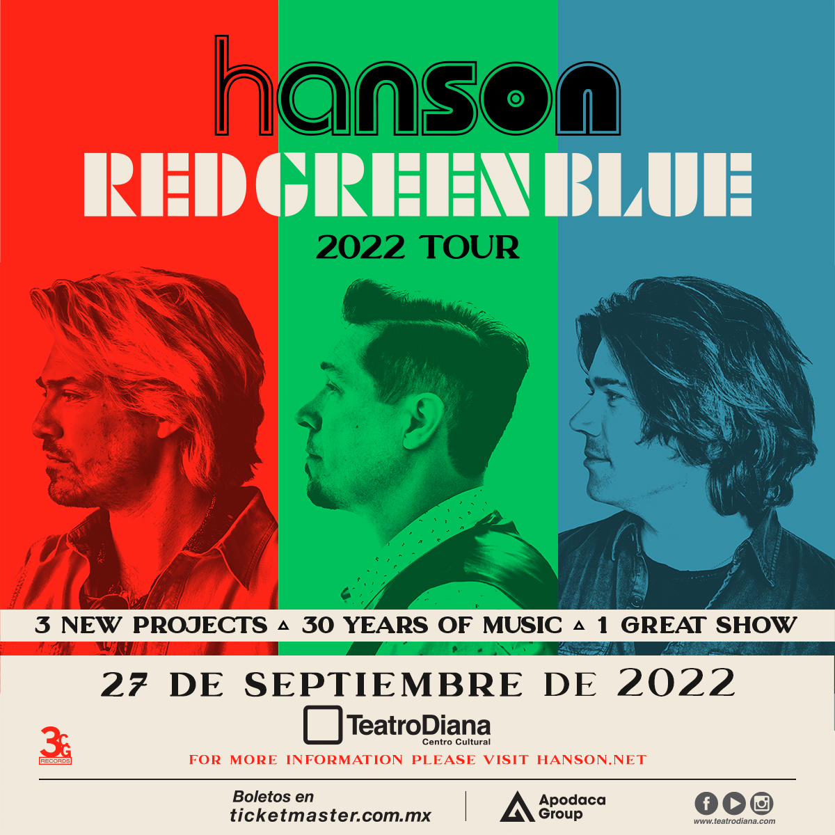 teatrodiana's tweet photo. El trío Multiplatino HANSON nos visita con su gira Red, Green, Blue.

Septiembre 27, 2022.
21:00 H

Venta de boletos, 20 de enero. 
https://t.co/hsxl1f89in

Te invitamos a revisar las medidas actuales para el ingreso a eventos:
https://t.co/Ml0xkfVsbN

#TeatroDianaHanson https://t.co/g3Rtr71WDV