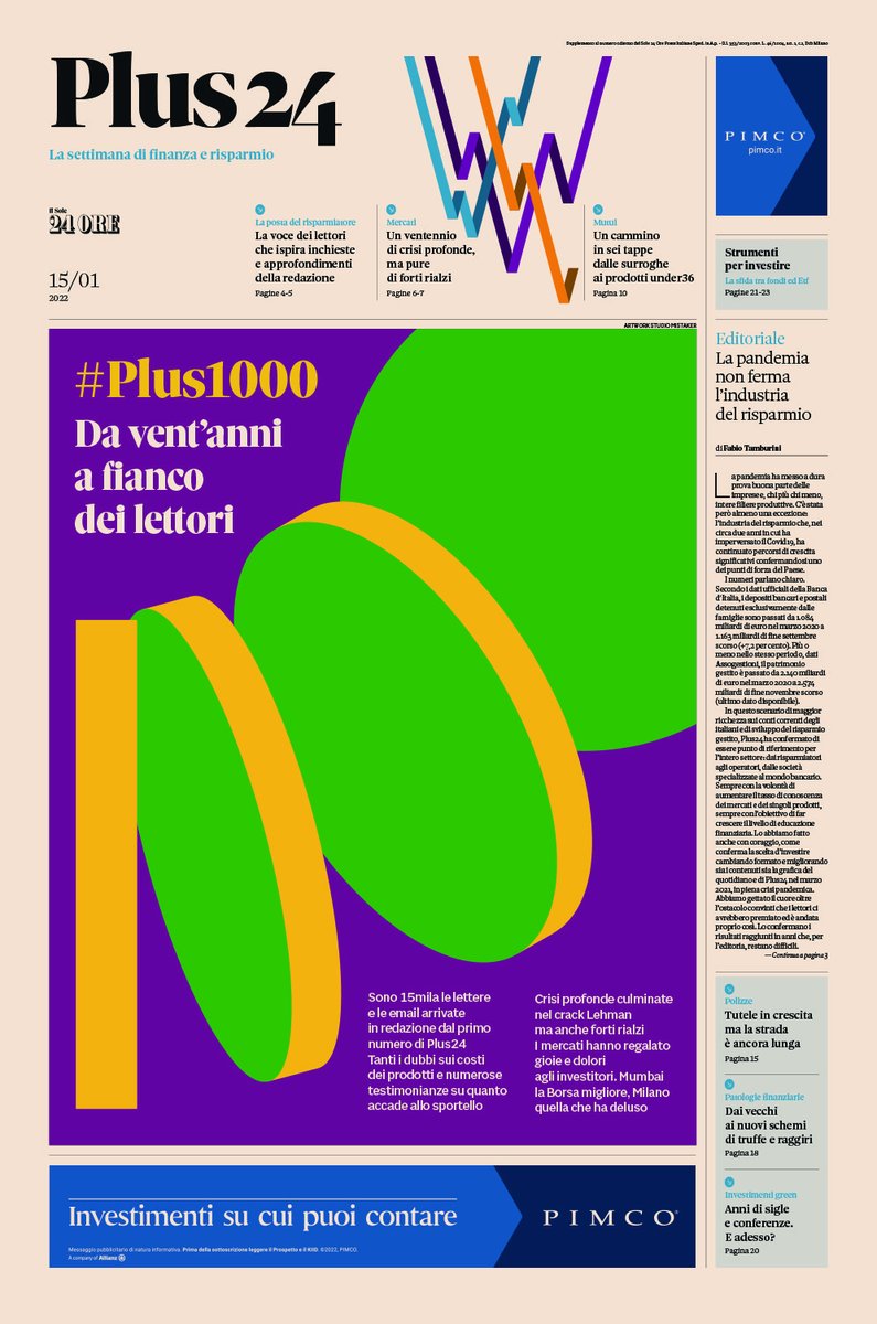 adrianoattus's tweet photo. @Plus24Risparmio, il settimanale di finanza e risparmio del @sole24ore, domani festeggerà i primi 1.000 numeri pubblicati e 20 anni di storia.
.
E allora ecco in anteprima la cover #Plus1000
.
🟪🟨🟢🏁1⃣0⃣0⃣0⃣💶🪙💎 https://t.co/NlLNuISvYT