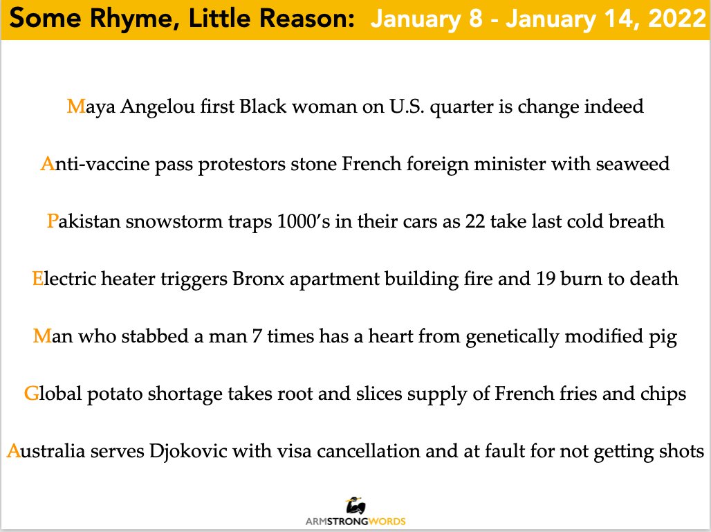 'Some Rhyme, Little Reason' from @armstrongwords provides a seven line summary of the weeks events. Here it is for the week of January 8 -14, 2022. https://t.co/ZLp4Mkcvhn