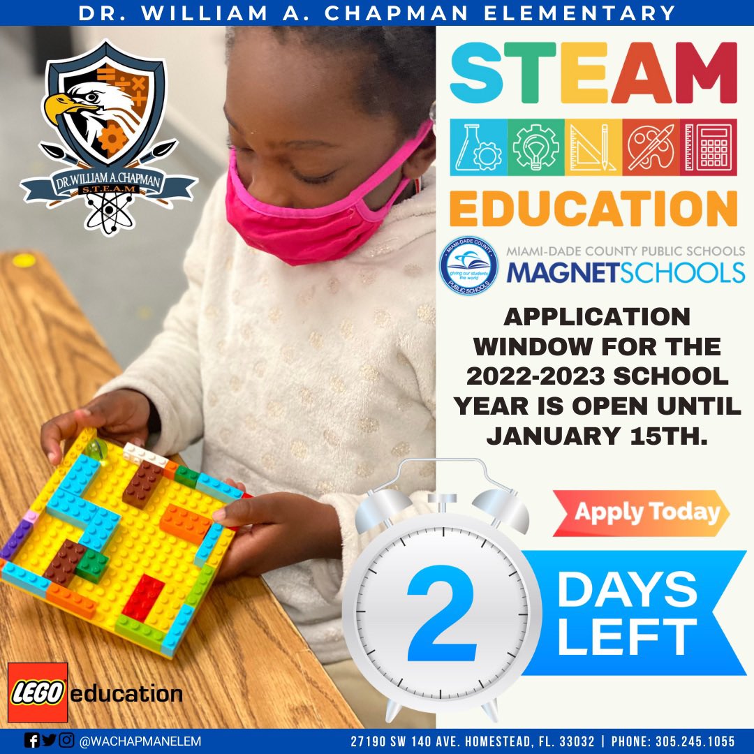 wachapmanelem's tweet image. Only 2 days left! Have you submitted your @miamimagnets programs application? Visit yourchoicemiami.org and build on your interests, talents, and abilities through our STEAM Magnet Program. 
#YourChoiceMiami #mdcps @MDCPSSouth #miamisup #southregion #dreambig #srostrong #dwac