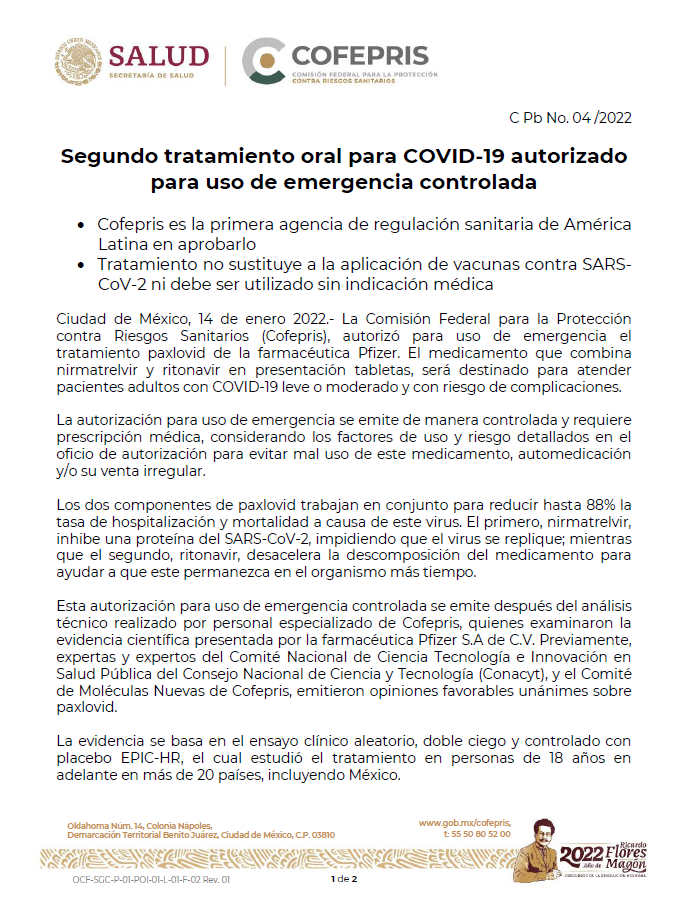 Cofepris autoriza para uso de emergencia controlado paxlovid💊, tratamiento oral para #COVID19.

Recuerda: no sustituye a la aplicación de vacunas ni debe ser utilizado sin prescripción médica.👇 

bit.ly/3IayzNB