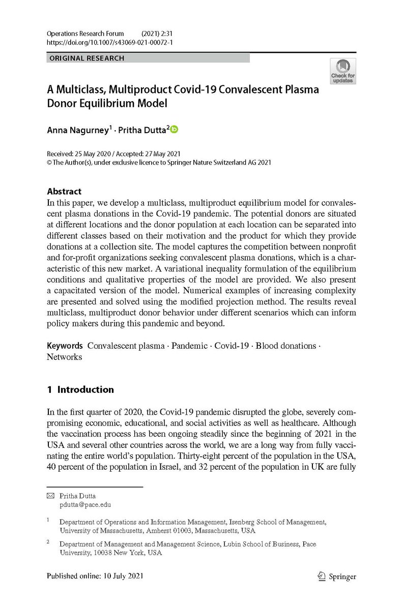 Supernetworks's tweet photo. Yes! Donations of both can be life-saving. Our paper on convalescent plasma + donations + #orms with @pritha_dutta31 was published in #ORFO @Springernature. #blood #supplychains https://t.co/g47buA8AXH