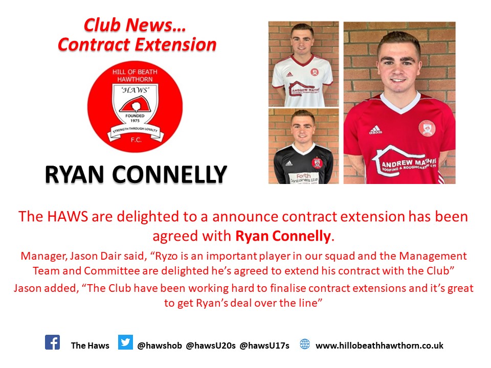 CLUB NEWS...First of two signings tonight...Delighted to announce a contract extension for Ryan Connelly <a href="/Ryanconnelly9/">Ryan Connelly</a> More details below. 🔴⚪️🔴
<a href="/hawshob/">Hill of Beath Hawthorn FC</a> <a href="/HawsU20s/">Hill of Beath U20’s</a> <a href="/HawsU18s/">Hill of Beath Under 18’s</a> <a href="/Haws2002s/">Hill of Beath 02s</a>