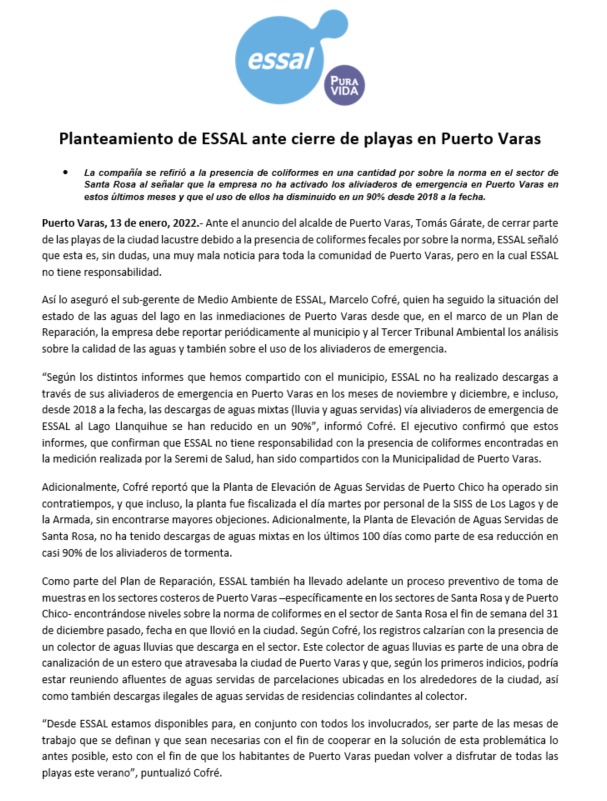SuralisTeAyuda's tweet photo. "ESSAL le informa a toda la comunidad de #PuertoVaras que la empresa no tiene relación con el cierre de las playas. Los reportes que ESSAL comparte con el municipio confirman que no se han realizado descargas de sus aliviaderos de emergencia hace más de 100 días... (1/3) https://t.co/Hz8AeI9nGO